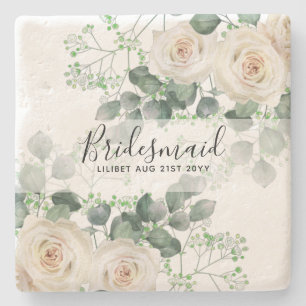 Bridesmaid Gifts White Roses Theme Personalized Stone Coaster