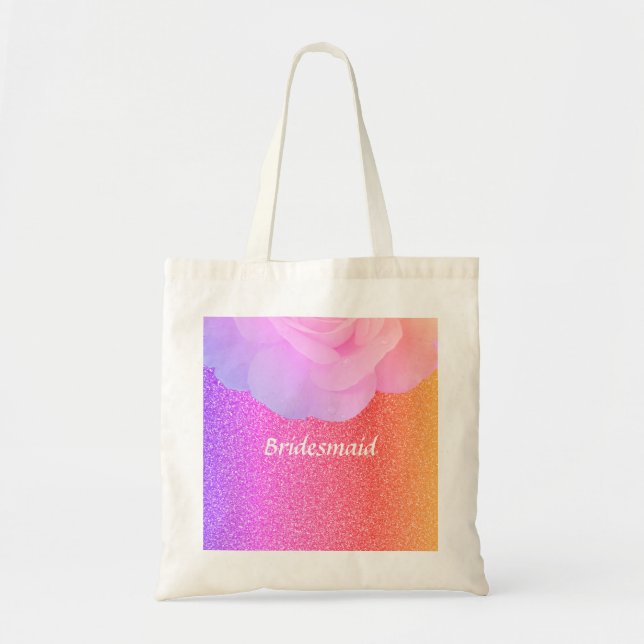 Bridesmaid Glittery Pink Rose Gold Wedding Floral Tote Bag (Front)