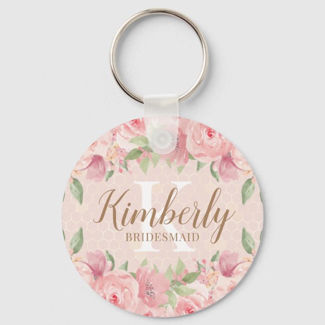 Bridesmaid Gold Blush Pink Floral Monogram Keychain (Front)