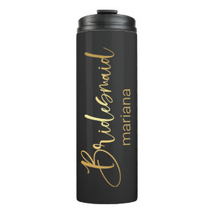 bridesmaid gold calligraphy personalized black thermal tumbler