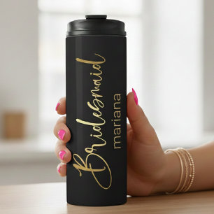 bridesmaid gold calligraphy personalized black thermal tumbler
