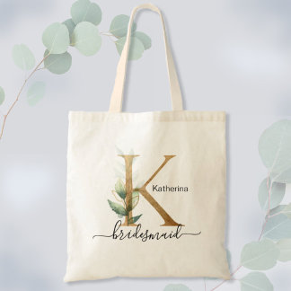 Bridesmaid Gold Leaf Greenery Foliage Monogram "K" Tote Bag