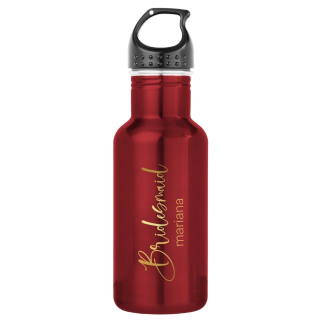 bridesmaid gold script personalized name red 532 ml water bottle (Front)
