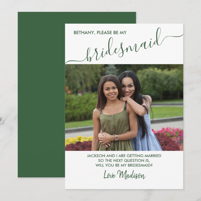 Bridesmaid Green and White Photo Proposal Card (Front/Back)