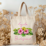 Bridesmaid Hibiscus Flowers Personalized Bag<br><div class="desc">Bridesmaid tote bag gift with tropical flowers and leaves. Pretty pink and yellow hibiscus flowers, with big, tropical leaves, is the design on this budget, cotton tote. Include her name at the top with "bridesmaid" at the bottom. This affordable bag leaves money in the budget for gifts to add to...</div>
