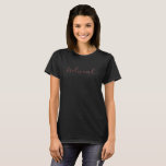 "Bridesmaid" in Rose Gold Glitter, Modern Script T-Shirt<br><div class="desc">In a pretty, elegant, modern script font, you see "bridesmaid" printed across the breast and back of this t-shirt. Rendered in a faux rose gold glitter effect, this design is set up on black. But you can choose the background colour you prefer. There are others in the set, including Bride,...</div>