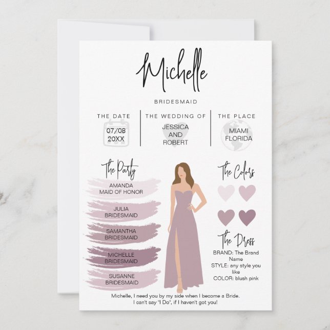 Bridesmaid Info Card Bridal Party Information (Front)