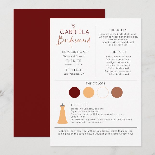 Bridesmaid Information and Proposal Card Template (Front/Back)