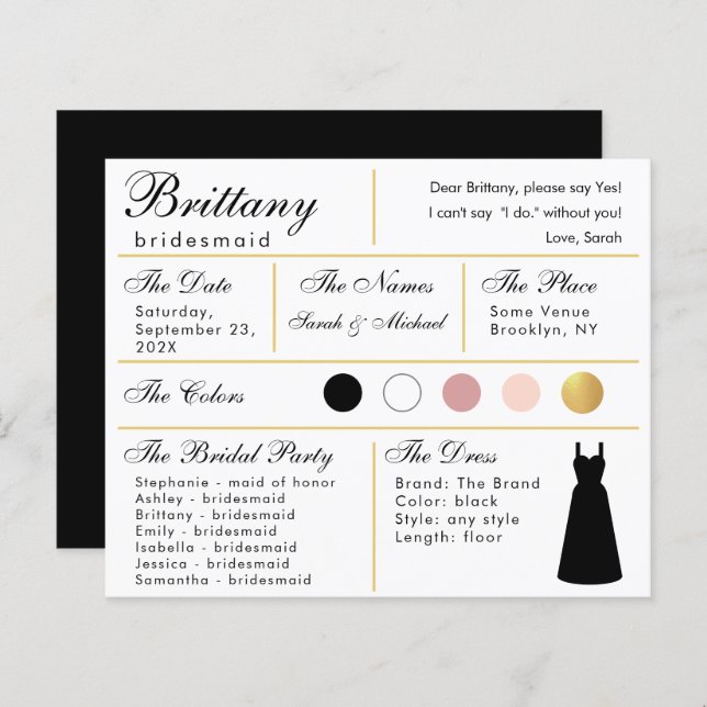 Bridesmaid Information Card - Black Gold Wedding (Front/Back)
