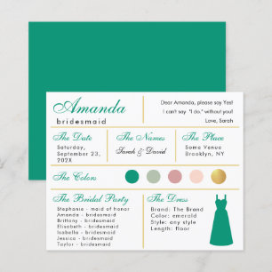  Bridesmaid Information Card Emerald Green Gold