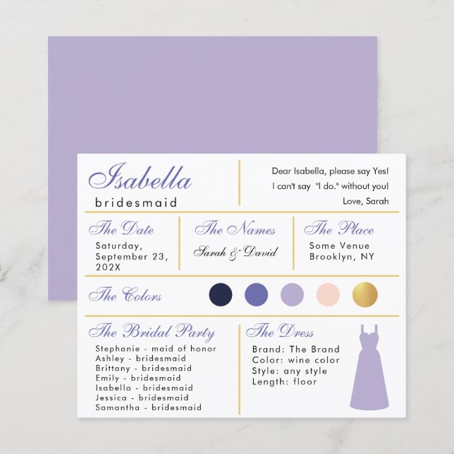  Bridesmaid Information Card Lavender Purple Gold (Front/Back)