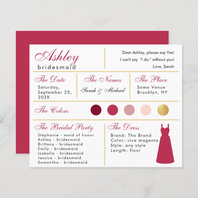  Bridesmaid Information Card Modern Magenta Gold (Front/Back)