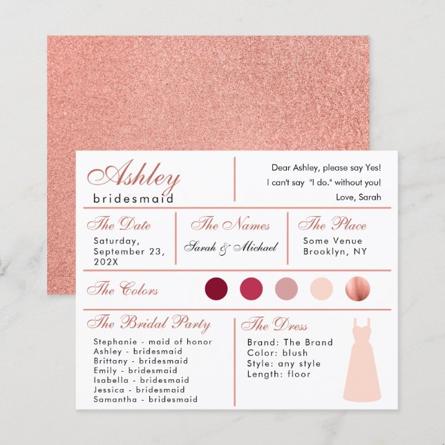  Bridesmaid Information Card Rose Gold Blush Pink  (Front/Back)