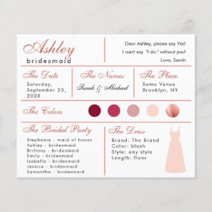  Bridesmaid Information Card Rose Gold Blush Pink 