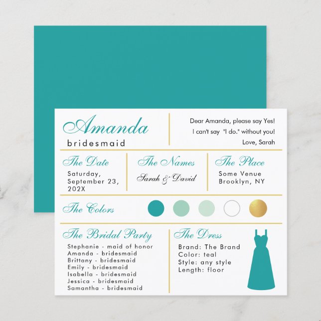  Bridesmaid Information Card Teal Faux Gold Colour (Front/Back)