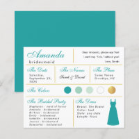 Bridesmaid Information Card Teal Faux Gold Colour