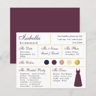 Bridesmaid Information Card Wine Colour Faux Gold