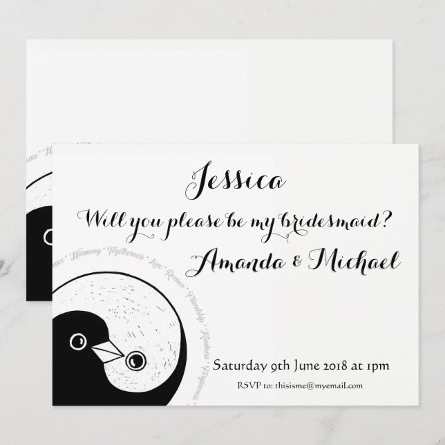 BRIDESMAID INVITATION b/w colombes personnalisable (Devant / Derrière)