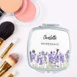Bridesmaid lavender florals bees compact mirror<br><div class="desc">Decorated with lavender flowers and bees  Personalize and add your bridesmaid's name.   Black handwritten style script.</div>