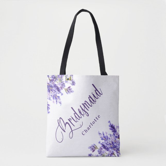 Bridesmaid lavender flowers violet script wedding tote bag (Front)