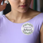 Bridesmaid lavender violet eucalyptus wedding 1 inch round button<br><div class="desc">For the bridesmaid. A chic white background. Decorated with lavender,  violet florals flowers and watercolored eucalyptus greenery. Personalize and add a name.</div>