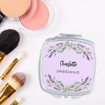 Bridesmaid lavender violet florals eucalyptus compact mirror<br><div class="desc">A violet coloured background. Decorated with lavender flowers and eucalyptus greenery.  Personalize and add your bridesmaid's name.   Black handwritten style script.</div>