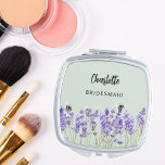 Bridesmaid lavender violet florals sage green compact mirror<br><div class="desc">A sage green background. Decorated with lavender flowers and bees  Personalize and add your bridesmaid's name.   Black handwritten style script.</div>