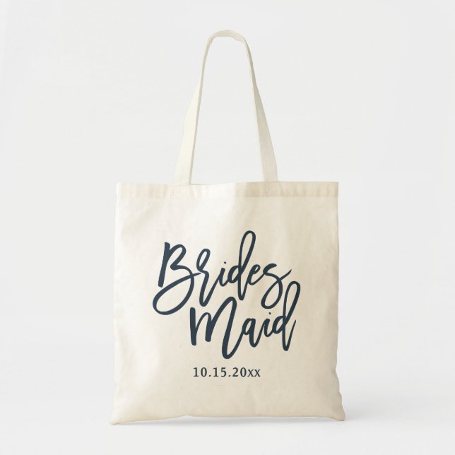 Bridesmaid Lettering Script Navy Blue Tote Bag (Front)
