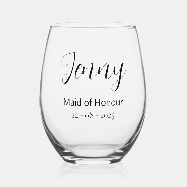 Bridesmaid Maid of Honor Wedding Gift Stemless Wine Glass (Front)