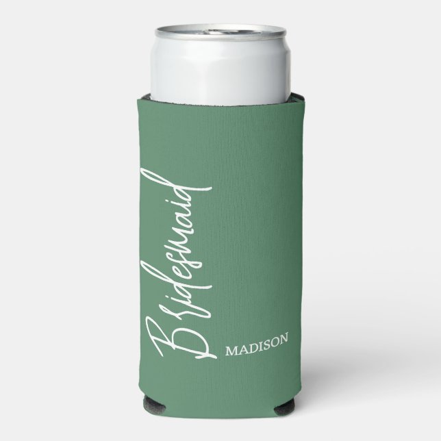 Bridesmaid Minimalist Sage Green Script Name Seltzer Can Cooler (Seltzer Front)