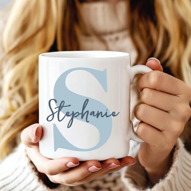 Bridesmaid | Modern Dusty Blue Monogram Initial Coffee Mug (Gift for Bridesmaid Proposal | Elegant Mother's Day Monogram Mug | Custom Graduation Gift for Her)
