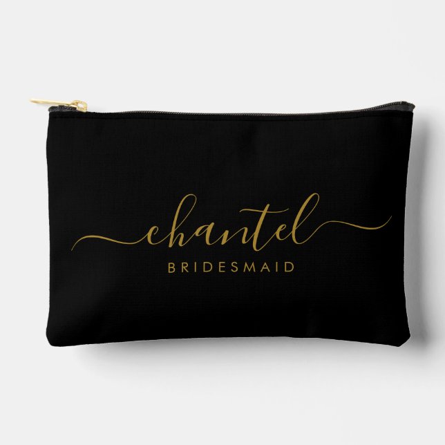 Bridesmaid Modern Gold Script Black Accessory Pouch (Front)