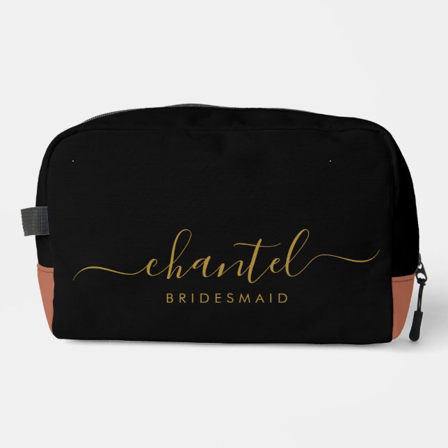 Bridesmaid Modern Gold Script Black Dopp Kit (Front)