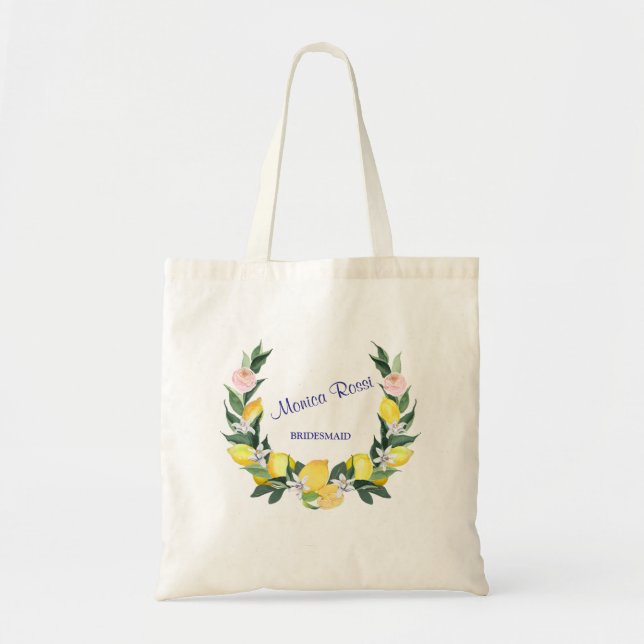 Bridesmaid Modern Lemons Blue Bridal Shower Name  Tote Bag (Front)