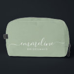 Bridesmaid Modern Minimal Script Sage Dopp Kit<br><div class="desc">This Bridesmaid accessory bag features a handwritten white script typography with swashes on a sage green background. Present your bridesmaids with a toiletry bag for their makeup and small items traditionally presented at the rehearsal dinner,  for use in the early morning before the wedding.</div>