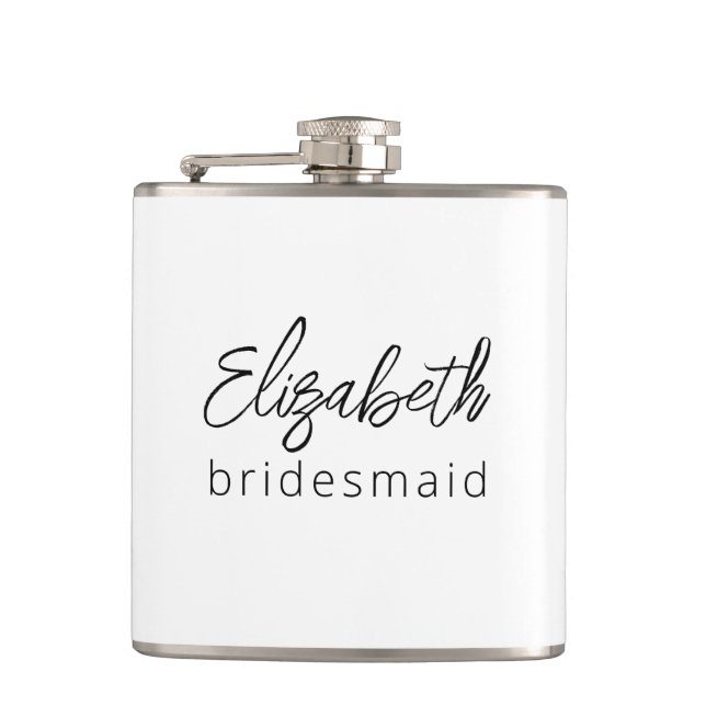Bridesmaid Modern Minimalist Script Bachelorette Hip Flask (Front)
