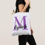 Bridesmaid Modern Minimalist Script Bachelorette Tote Bag<br><div class="desc">Simple tote bag is personalized with a large monogram initial - choose your first or last name initial -  in purple and your first name in chic lettering.  Ideal for yourself,  for your bridesmaids,  bachelorette party or any occasion. MORE colours in our store.</div>