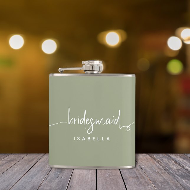 Bridesmaid Modern Minimalist Script Sage Green Hip Flask (Creator Uploaded)