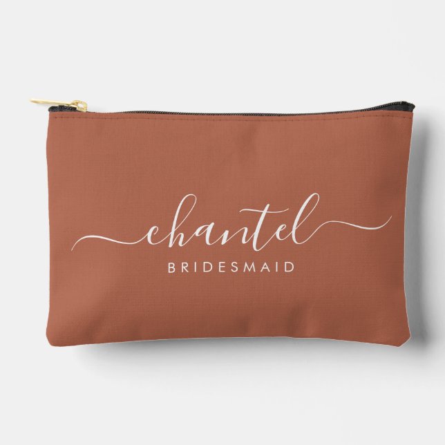 Bridesmaid Modern Script Cosmetic Terracotta Accessory Pouch (Front)