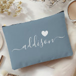 Bridesmaid Modern Script Dusty Blue Heart Accessory Pouch<br><div class="desc">This elegant accessory pouch features a stylish dusty blue background adorned with a modern script font displaying a personalized name and a charming heart design. The soft, feminine colour and sophisticated typography make it a perfect accessory for bridesmaids or anyone who appreciates chic and trendy designs. Its versatile use and...</div>