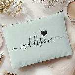 Bridesmaid Modern Script Pale Mint Heart Accessory Pouch<br><div class="desc">This elegant accessory pouch features a stylish pale mint background adorned with a modern script font displaying a personalized name and a charming heart design. The soft, feminine colour and sophisticated typography make it a perfect accessory for bridesmaids or anyone who appreciates chic and trendy designs. Its versatile use and...</div>