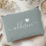 Bridesmaid Modern Script Sage Green Heart Accessory Pouch<br><div class="desc">This elegant accessory pouch features a stylish sage green background adorned with a modern script font displaying a personalized name and a charming heart design. The soft, feminine colour and sophisticated typography make it a perfect accessory for bridesmaids or anyone who appreciates chic and trendy designs. Its versatile use and...</div>