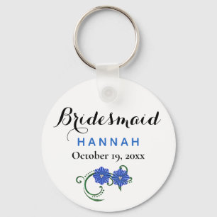 Bridesmaid Modern Typography Blue Flowers Wedding Keychain