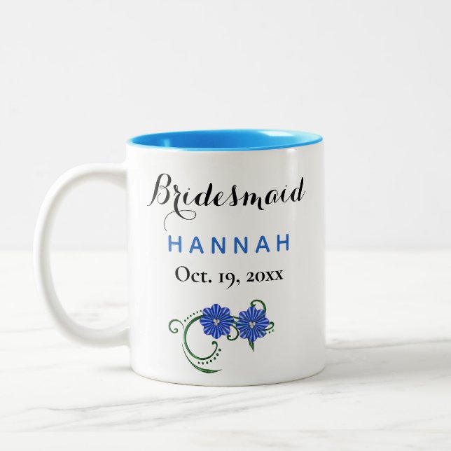 Bridesmaid Modern Typography Blue Flowers Wedding Two-Tone Coffee Mug (Left)