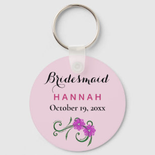 Bridesmaid Modern Typography Pink Flowers Wedding Keychain