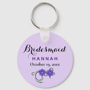 Bridesmaid Modern Typography Purple Floral Wedding Keychain