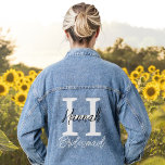 Bridesmaid Monogram Initial and Name Personalized Denim Jacket<br><div class="desc">Bridesmaid monogram denim jacket personalized with an initial and name,  ideal for a bridal or wedding shower with a modern design and bold fonts printed on the back. Change the colours or placement by clicking the button to edit the design.</div>