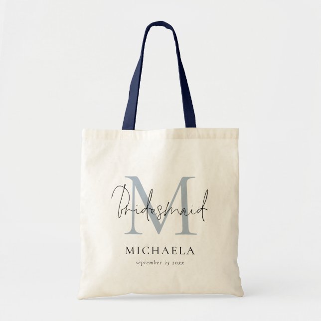 Bridesmaid Monogram Initial Name Script Dusty Blue Tote Bag (Front)