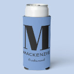 Bridesmaid Monogram Name Blue Seltzer Can Cooler<br><div class="desc">Modern typography minimalist monogram name design which can be changed to personalize. Perfect for thanking your Bridesmaid for all their help and support in making your wedding amazing. Change the blue background and text colour to match your celebration.</div>