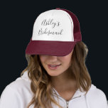 Bridesmaid Name Calligraphy Typography Wedding Trucker Hat<br><div class="desc">This beautiful, personalized hat is perfect for all the bridesmaids in the bridal party! Replace the placeholder name with the bride's name. "Ashley's Bridesmaid" (or any bride's name) is in handwritten-style calligraphy. Choose a hat colour to match your wedding colours. Makes a wonderful gift for a wedding, shower, engagement, or...</div>